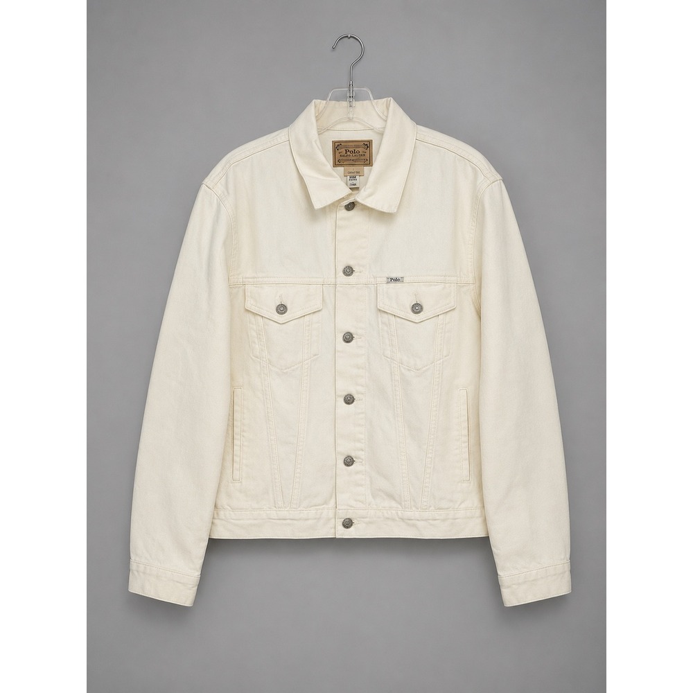 Polo Ralph Lauren Mens M Cream Denim Trucker Jean Jacket Off White Cotton Button